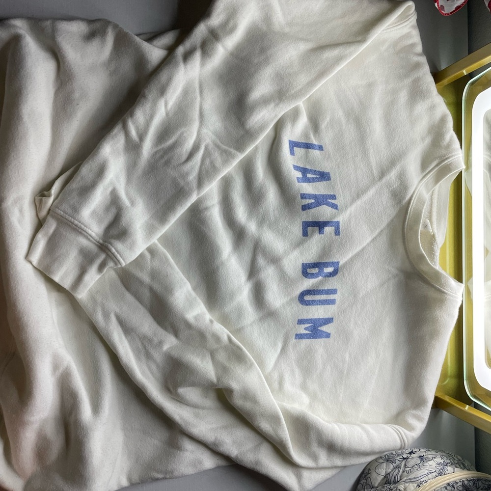 White Sweatshirt with Blue 'Lake Bum' Print